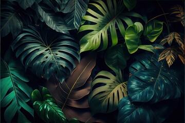 Fototapeta na wymiar Green tropical leaves.Tropical background with palm. Natural foliage leaf texture. View of palm plants. View from above. Generative AI 