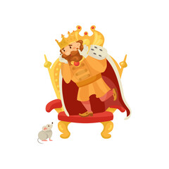 Medieval king cartoon character being scared of mouse illustration. Funny scared fat man in royal costume standing on chair on white background. Royalty, nobility, fantasy, history concept
