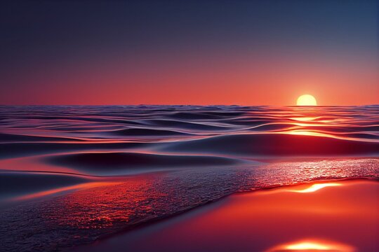 Dramatic red ocean waves at sunset with soft evening sea dark water. Generative AI