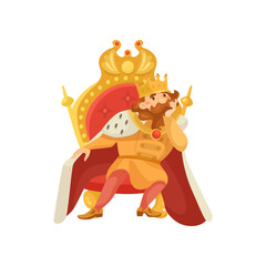 Medieval king cartoon character sitting on chair flat illustration. Funny fat man in royal costume sitting in chair on white background. Royalty, nobility, fantasy, history concept