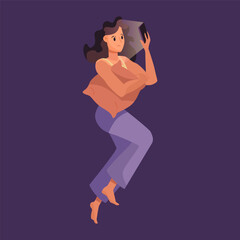 Girl lying and reading in bed before sleep vector illustration. Cartoon girl lying and reading using cellphone on purple background. Internet addiction, night time, entertainment concept