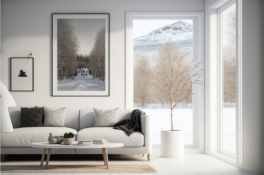 Illustration of glamour modern style interior design. snow mountiain view in door glass, house room, white sofa and pillos, plant, picture frame, table, Generative Ai