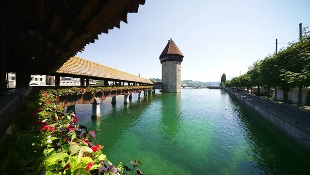 Lucerne, Switzerland. Historic city center with famous Chapel Bridge. Tourist destination in summer. 