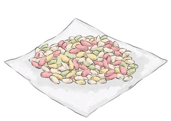 紙にのせた関東ひなあられのイラスト（水彩風）