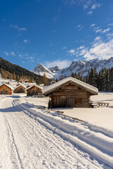 Baite alpine e chalet in mezzo alla neve in un panorama montano e con bosco