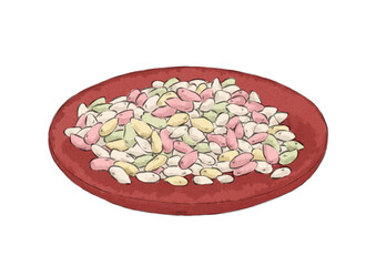 赤い皿にのせた関東ひなあられのイラスト（水彩風）