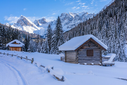 Baite alpine e chalet in mezzo alla neve in un panorama montano e con bosco