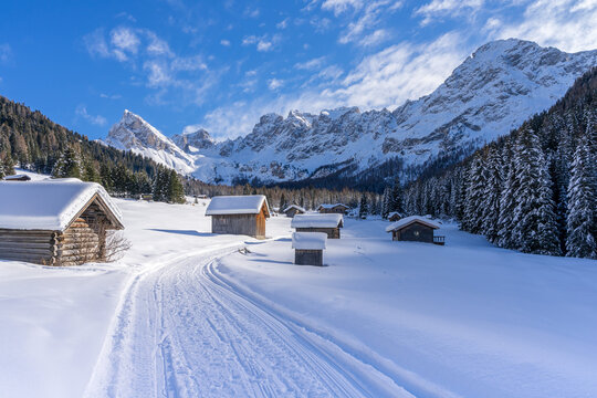 Baite alpine e chalet in mezzo alla neve in un panorama montano e con bosco