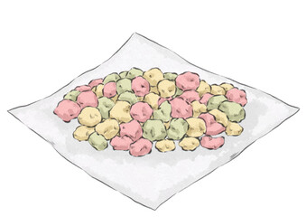 紙にのせた関西ひなあられのイラスト（水彩風）