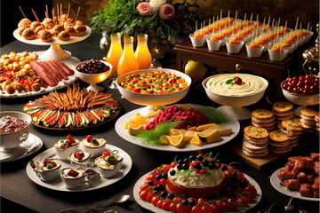 Fototapeta premium buffet food, catering food party at restaurant, mini canapes, snacks and appetizers, Made by AI,Artificial intelligence