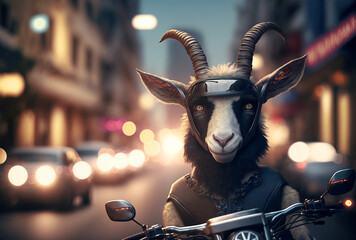 Funny goat riding  a motorcycle , blurred background with city street light. Generative AI.