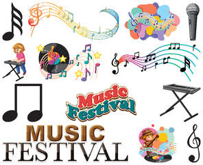 Kids musical instruments and music symbols set