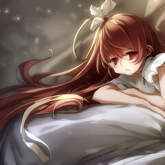 2-D design, anime of a young woman laying on a bed. created using generative ai