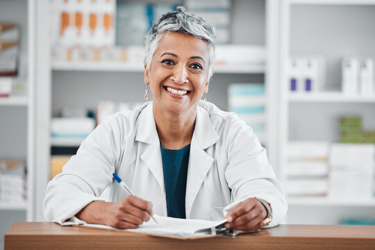 Senior Woman, Pharmacist Portrait And Paper Data Of Pills Stock, Insurance Or Medical Documents. Healthcare, Doctor And Elderly Female Wellness Consultant With Happiness And Smile About Pharmacy