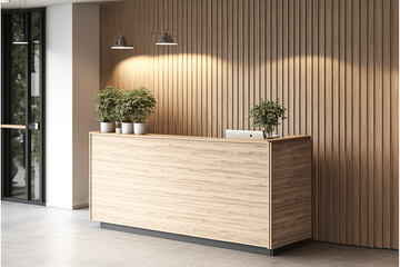Mock up of a reception desk with light wooden wall accents standing to the side of it. Generative AI