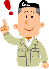 人差し指を立てる作業着を着た若い男性の上半身
