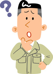 疑問を感じる作業着を着た若い男性の上半身
