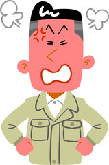 顔を紅潮させて怒る作業着を着た若い男性の上半身
