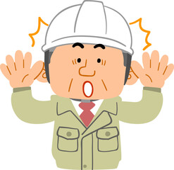 驚く、作業着を着てヘルメットを被った中年男性の上半身
