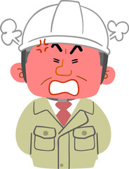顔を紅潮させて怒る、作業着を着てヘルメットを被った中年男性の上半身
