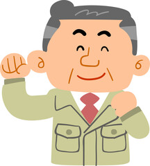充実した笑顔の作業着の中年男性の上半身

