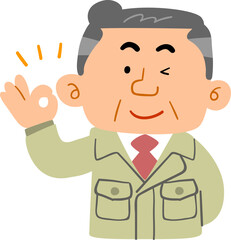 承認の意思を示す作業着の中年男性の上半身
