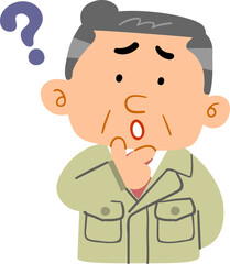 疑問を感じる作業着の中年男性の上半身
