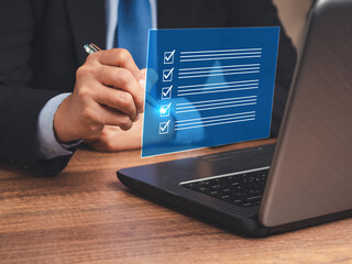 Business productivity checklist, clipboard task management, and filling out survey forms online on a virtual screen