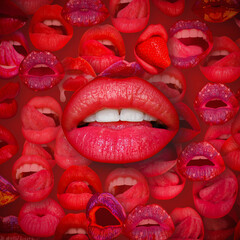 Lips and mouth. Female lip in red background. Woman lips.