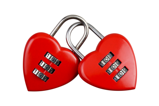Abstract,  front view straight two red heart together combination lock, Symbol valentine, happy, unhappy. Metal padlock. Material for creative idea love concept. Isolated background transparent.