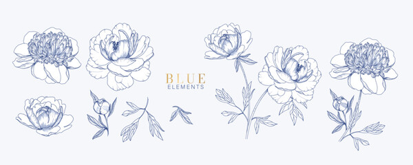 Luxury Navy blue flower elements vector decorate wall art