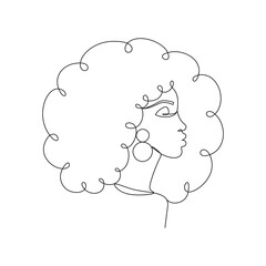 Pretty African woman with curly hair and round earring. Side view. Black outline female portrait in profile, isolated on a white background. Continuous single line art. Minimalist vector illustration