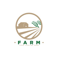 Farm House concept logo. Template with rural landscape. Labels for natural agricultural products. Vector illustration.