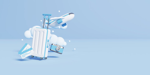 suitcase, plane, camera and tickets on a pastel background. Travel concept