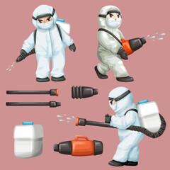 Bundle cartoon character with man in protective workwear and spraying element