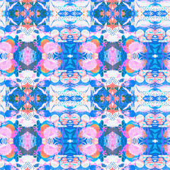 Washed Red Blue blur white vibrant watercolor batik azulejos tile background. Seamless coastal linen effect geometric mosaic effect. Boho Patchwork nautical masculine all over summer fashion repeat.