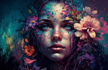 Spring or summer design of a woman head decorated with flowers. Artistic rendering illustration made with AI tools.