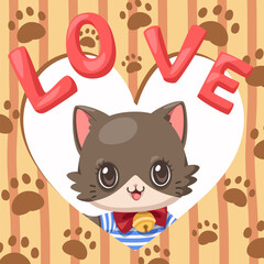 Little cat with love and paw cartoon character vector