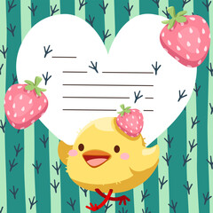 Lovely chick and strawberry cartoon character background vector illustration