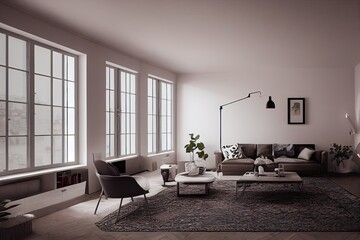 mock up poster frame in boho interior background, wooden living room design, Scandinavian style. Generative AI illustration