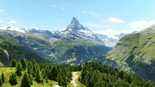 Drone Switzerland 4k. Matterhorn mountain in Swiss Alps. summer tourism destination for hike, outdoors.