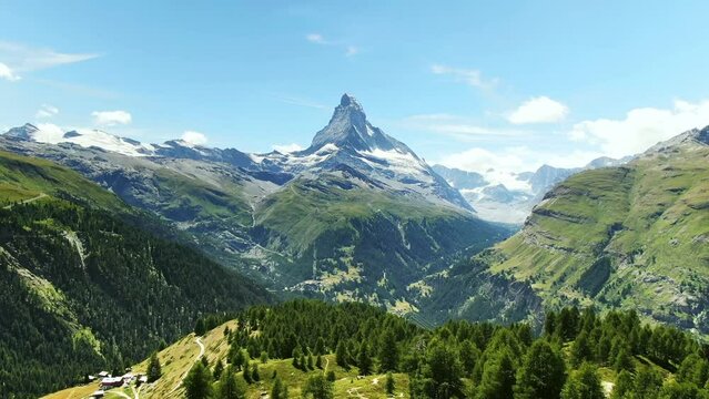 Drone Switzerland 4k. Matterhorn mountain in Swiss Alps. summer tourism destination for hike, outdoors.
