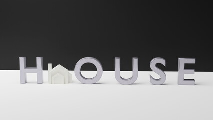 House made of silver letters on a grey background. 3D rendering
