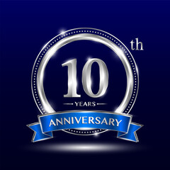 10th Anniversary logo with retro style, silver color ring design and blue ribbon for anniversary celebration event. Logo Vector Template Illustration