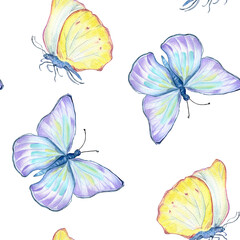 Meadow blue, yellow butterflies watercolor seamless pattern on white. Summer print with purple flying insects hand drawn. Design for fabric, wrapping, textile, wallpaper, background, typography, print