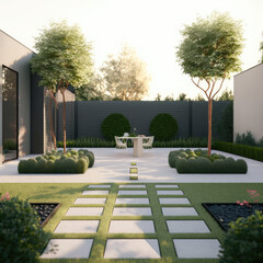 modern backyard with minimalist design, garden, natural materials, outdoor living space