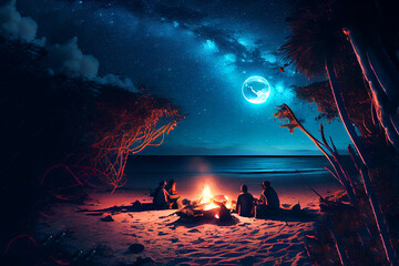 a campfire on a tropical beach where people are sitting. Generative AI	