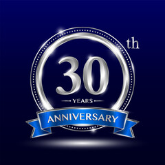 30th Anniversary logo with retro style, silver color ring design and blue ribbon for anniversary celebration event. Logo Vector Template Illustration