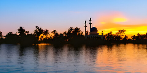 Fototapeta na wymiar An Islamic mosque with a dramatic sunset, surrounded by palm trees and a body of water