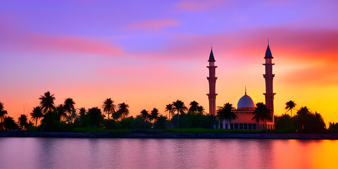 An Islamic mosque with a dramatic sunset, surrounded by palm trees and a body of water